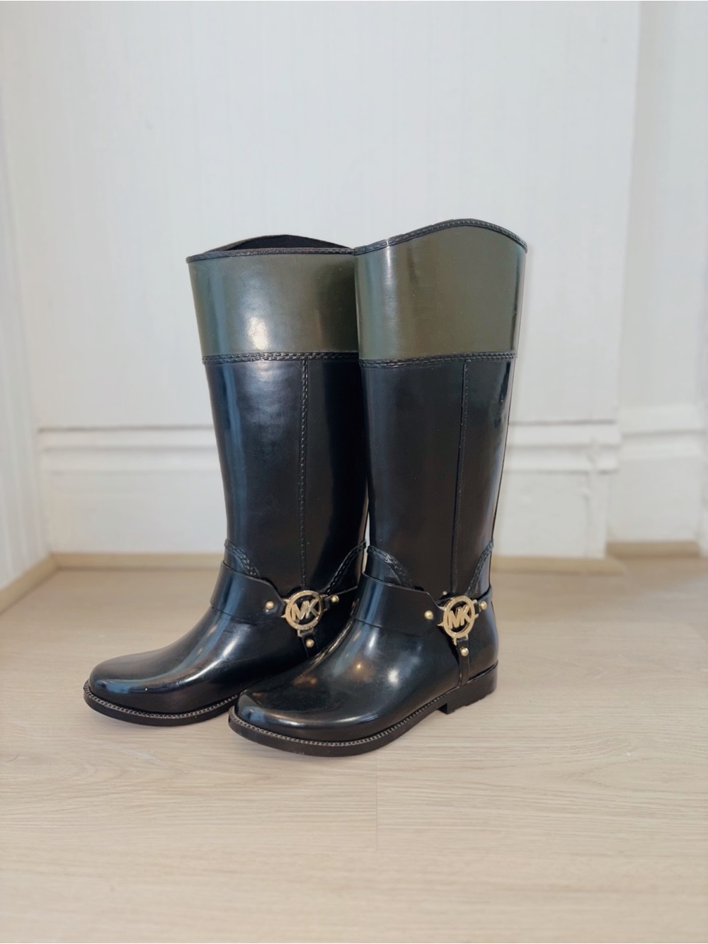 Michael Kors Fulton Harness Black Riding Boot with Olive Cuff and Gold Hardware